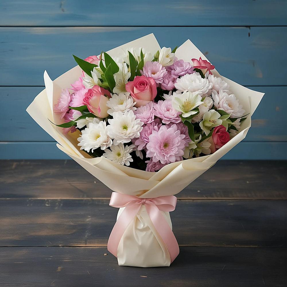 Букет цветов из: Хризантемы, Альстромерии и Розы в Новохоперске